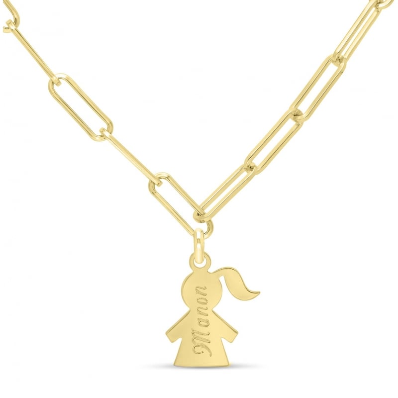 Collier personnalisé Plaqué Or, maille trombone et pendentif petite fille 15 mm