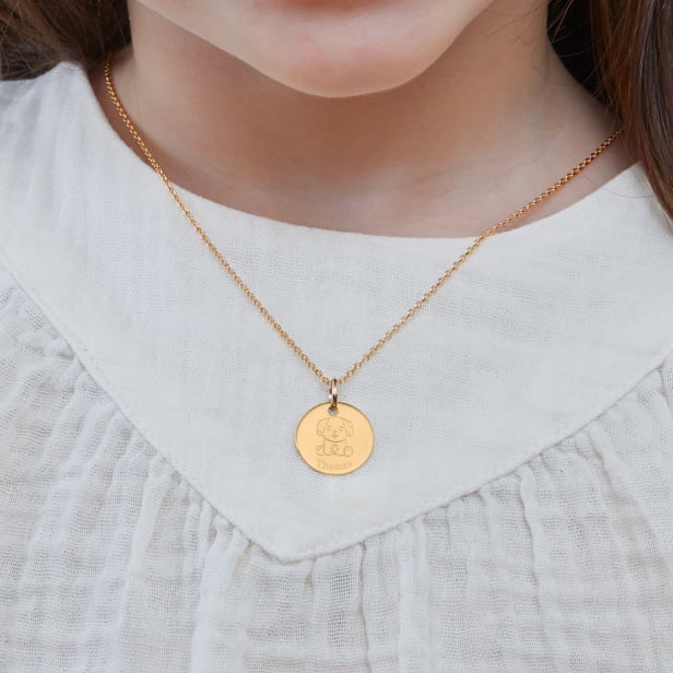 Collier personnalisé enfant médaille dessin chien, plaqué or