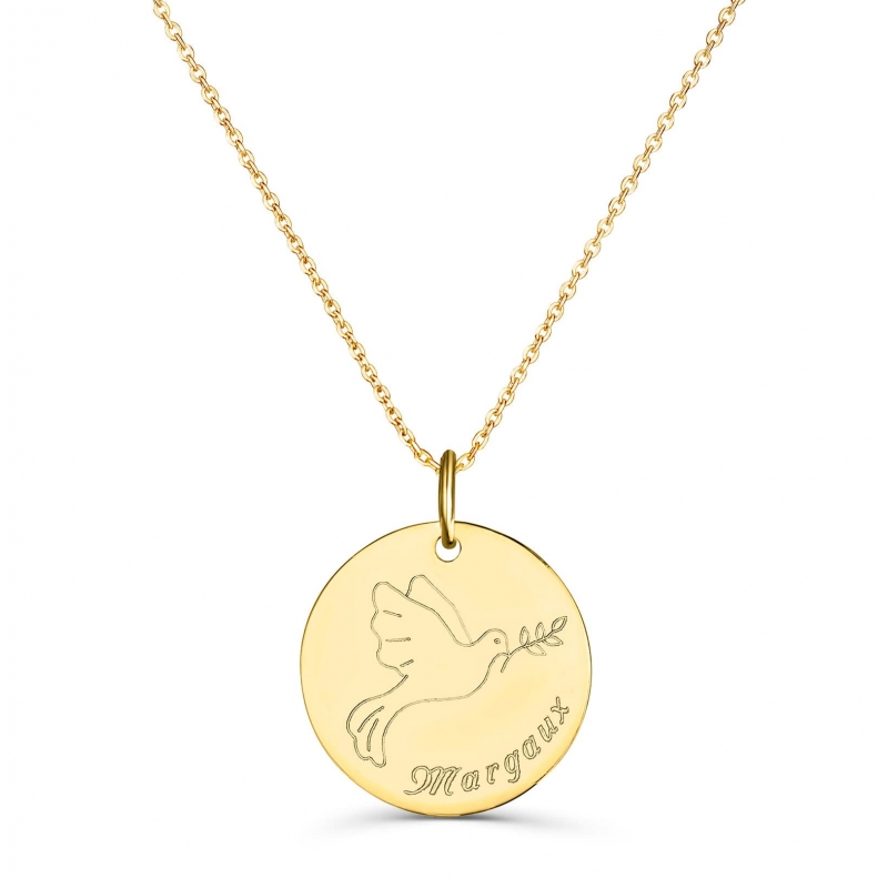 Collier personnalisé médaille 20 mm dessin colombe en Plaqué Or