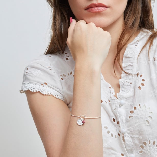 Jonc fin pierre et médaille martelée 12 mm personnalisée - fermoir goutte en Argent