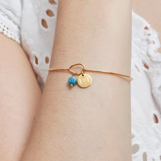 Jonc fin pierre et médaille 12 mm personnalisée - fermoir goutte en Plaqué Or