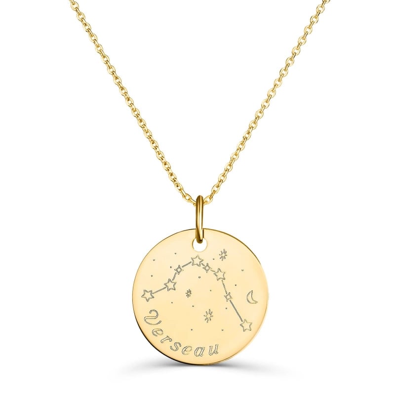 Collier astro médaille gravée Verseau, plaqué or