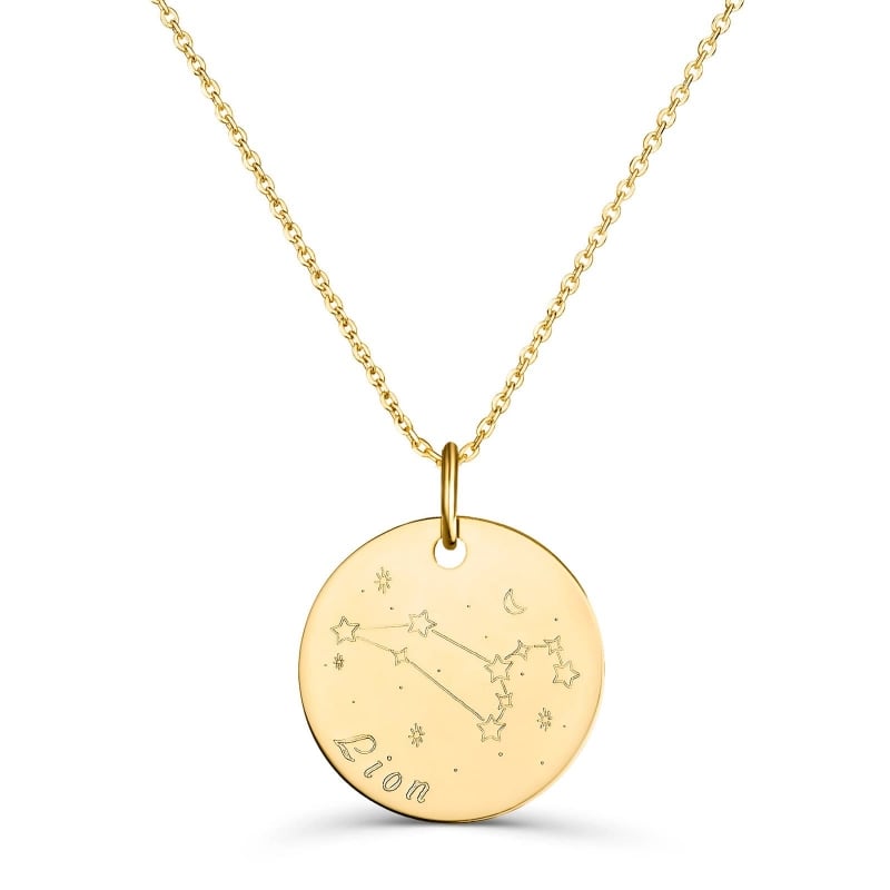 Collier astro médaille gravée Lion, plaqué or