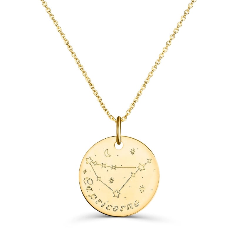 Collier astro médaille gravée Capricorne, plaqué or