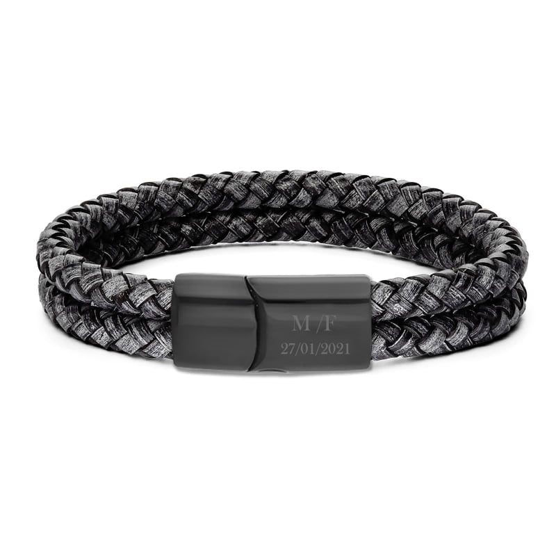 Bracelet homme personnalisé en cuir tressé double tour gris, boucle noire