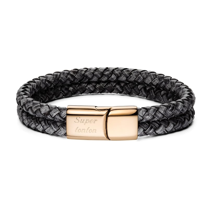 Bracelet homme personnalisé en cuir gris tressé, double tour avec boucle rosée