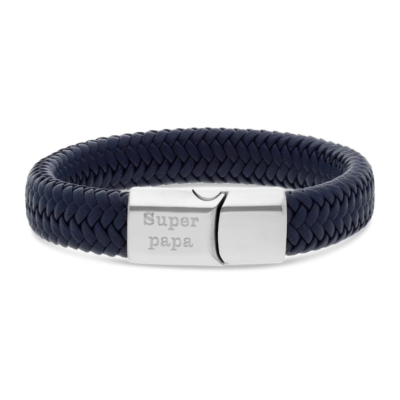 Bracelet homme cuir tressé bleu marine et boucle acier argenté