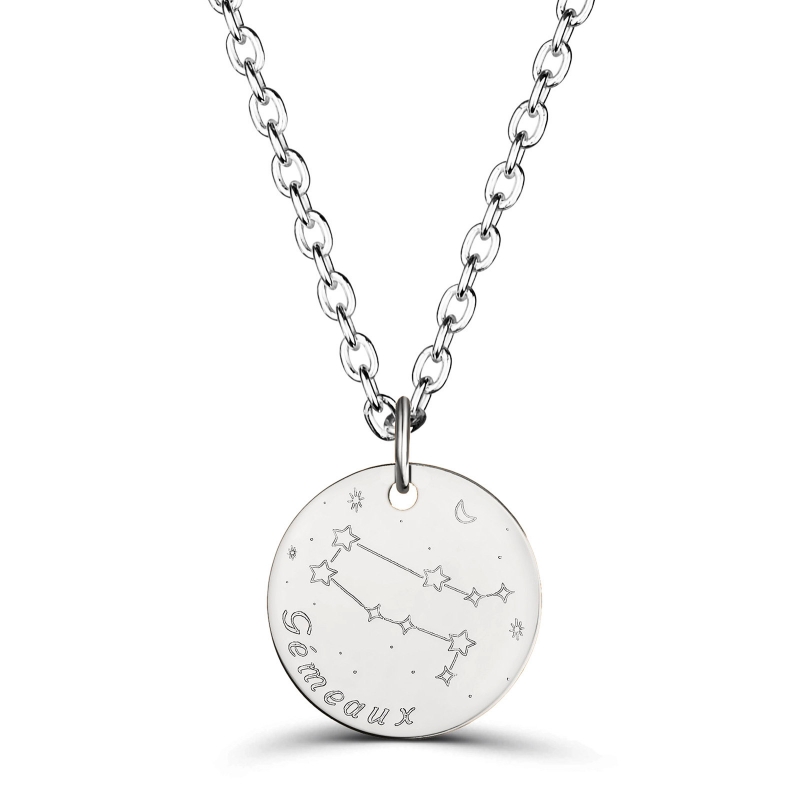 Collier astro homme médaille gravée Gémeaux, argent