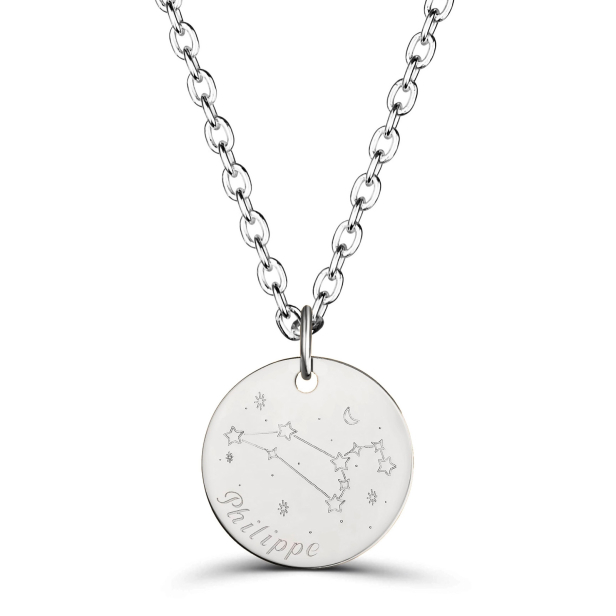 Collier astro homme médaille gravée Lion, argent