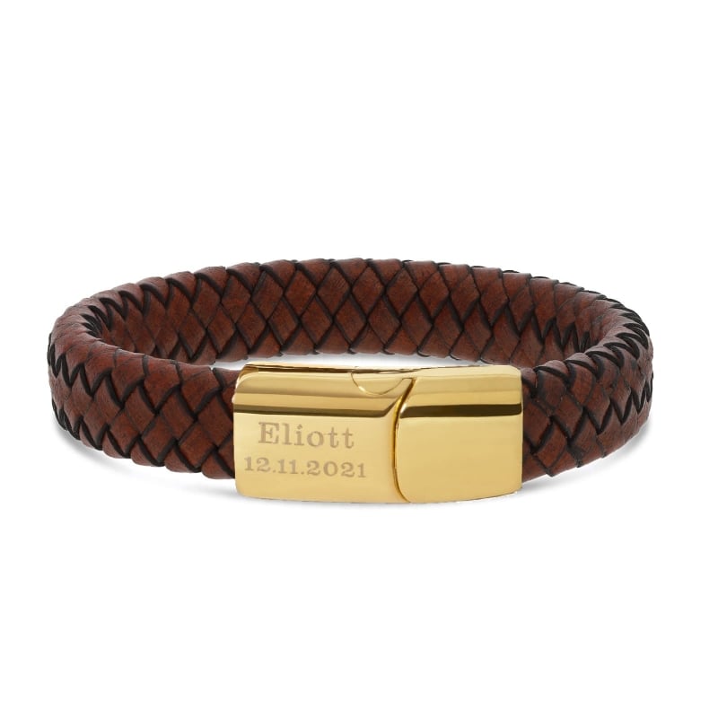 Bracelet homme personnalisé en cuir tressé marron, boucle dorée