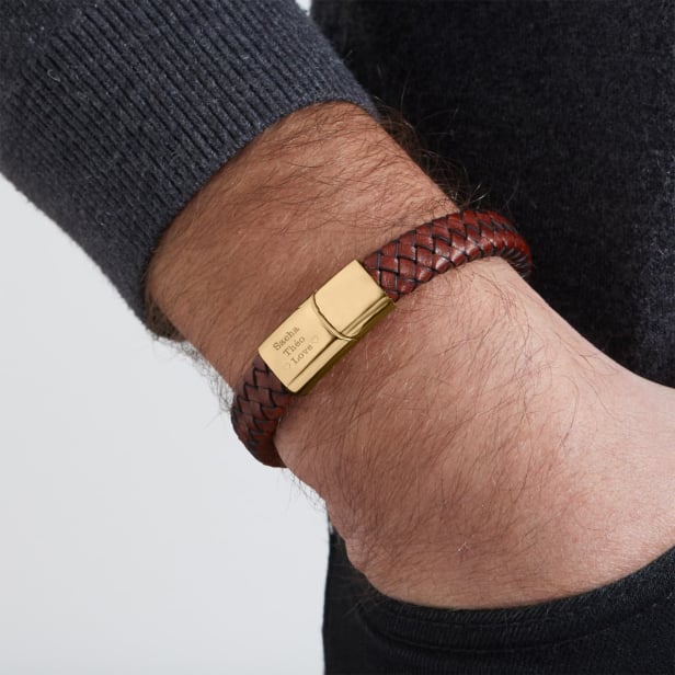 Bracelet homme personnalisé en cuir tressé marron, boucle dorée