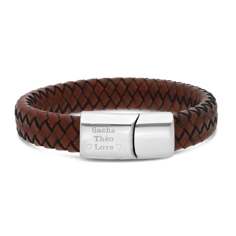 Bracelet homme personnalisable en cuir tressé marron et boucle argentée