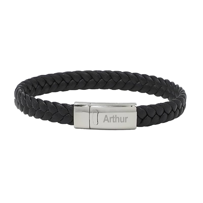 Bracelet homme personnalisé en cuir tressé noir avec boucle argentée
