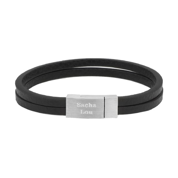 Bracelet homme personnalisé cuir plat noir, double tour avec boucle argentée