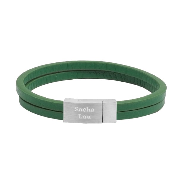 Bracelet homme personnalisé en cuir plat vert, double tour avec boucle argentée