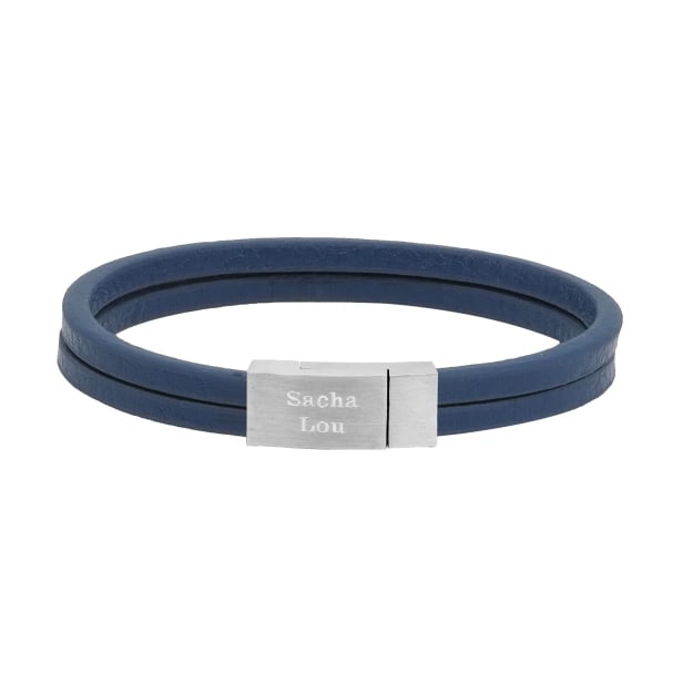 Bracelet homme personnalisé en cuir plat bleu, double tour avec boucle argentée