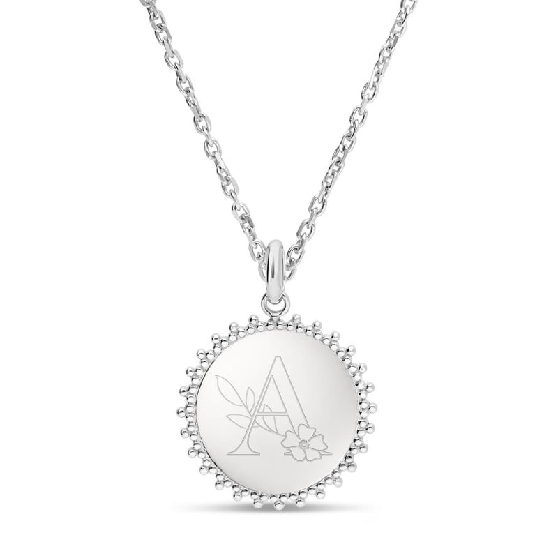 Collier personnalisé médaille soleil avec initiale florale, argent