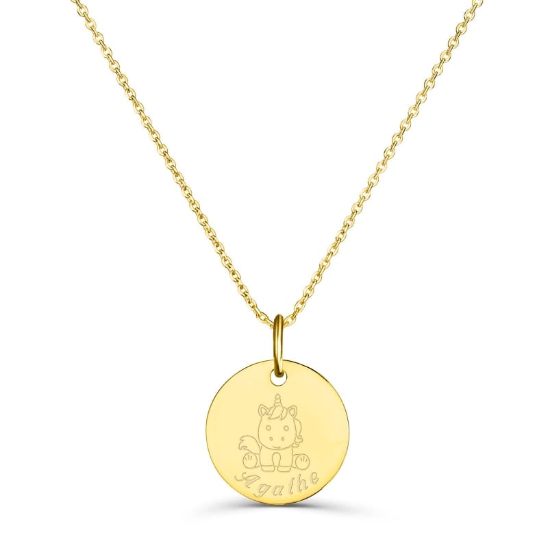 Collier personnalisé médaille 15 mm dessin licorne en Plaqué Or