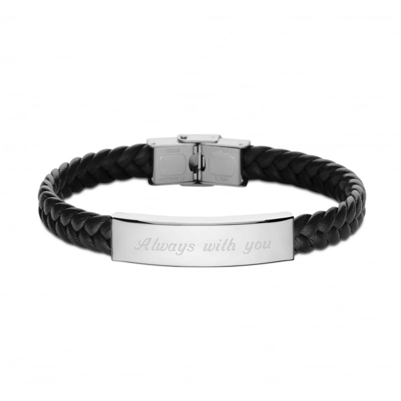 Bracelet homme personnalisé en cuir tressé noir et boucle argentée