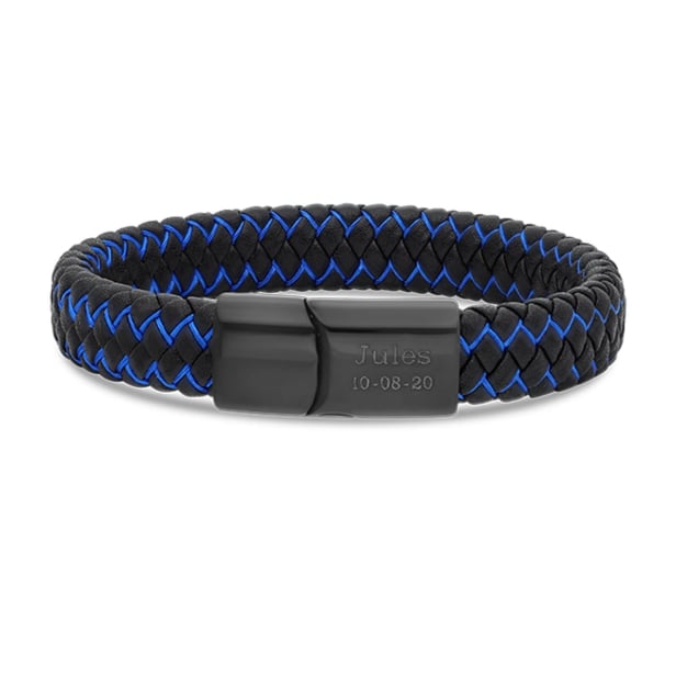 Bracelet homme personnalisé en cuir noir et bleu tressé Bracelet homme personnalisé en cuir noir et bleu tressé