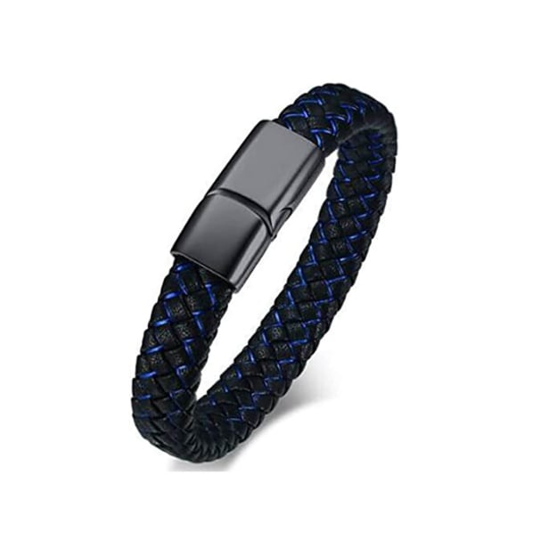 Bracelet homme personnalisé en cuir noir et bleu tressé