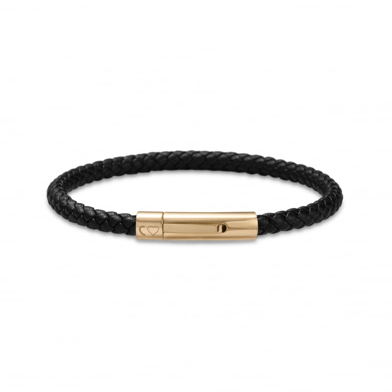 Bracelet homme personnalisé en cuir tressé noir arrondi et boucle dorée