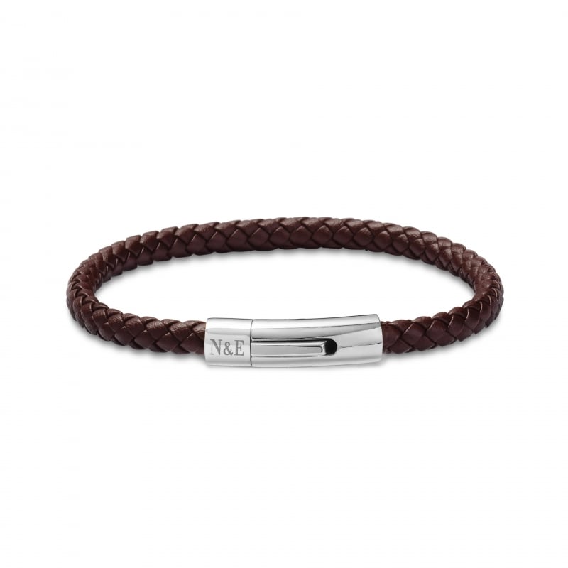 Bracelet homme personnalisé en cuir tressé marron arrondi et boucle argentée
