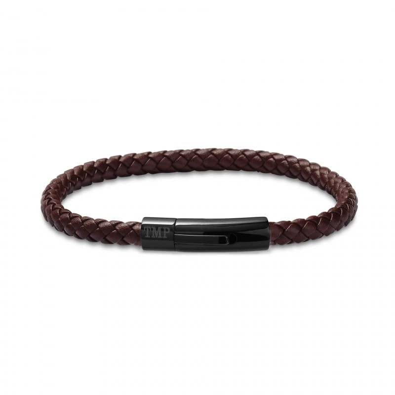 Bracelet homme personnalisé en cuir tressé marron arrondi et boucle noire