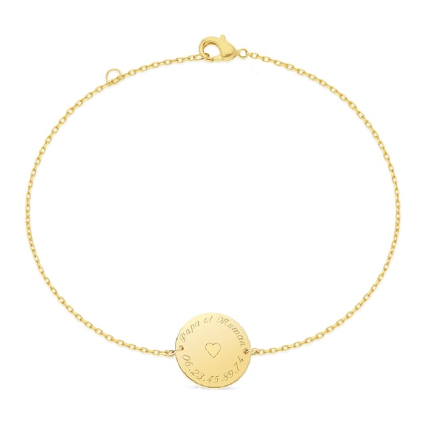 Bracelet chaînette médaille 15 mm gravée Plaqué Or