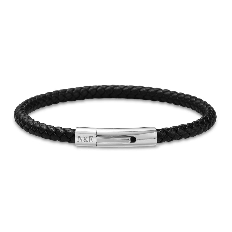 Bracelet homme personnalisé en cuir tressé noir arrondi et boucle argentée