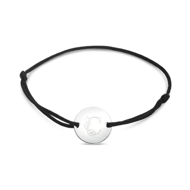 Packshot bracelet cordon personnalisé enfant initiale florale argent Packshot bracelet cordon personnalisé enfant initiale florale argent