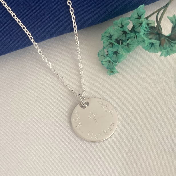 Collier personnalisé baptême, dessin "Croix & Rameaux", argent