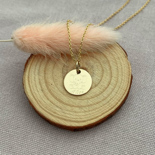 Collier personnalisé enfant dessin éléphant, plaqué or