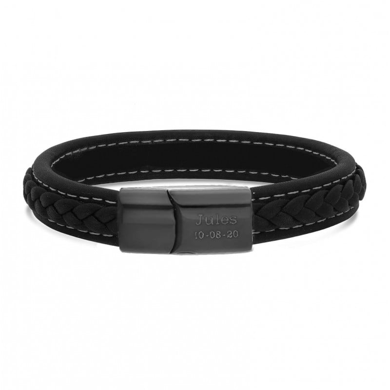 Bracelet homme gravé en cuir noir, boucle noire
