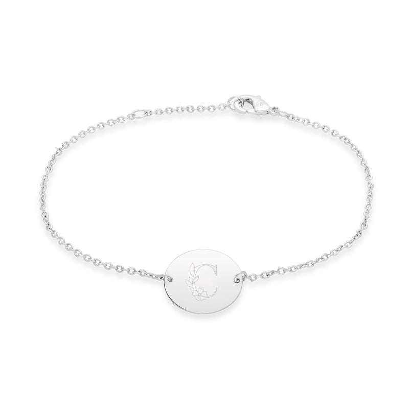 Packshot bracelet personnalisé enfant avec initiale florale en argent