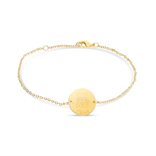 Bracelet personnalisé pour enfant en plaqué or avec une illustration de chat. Bracelet personnalisé pour enfant en plaqué or avec une illustration de chat.