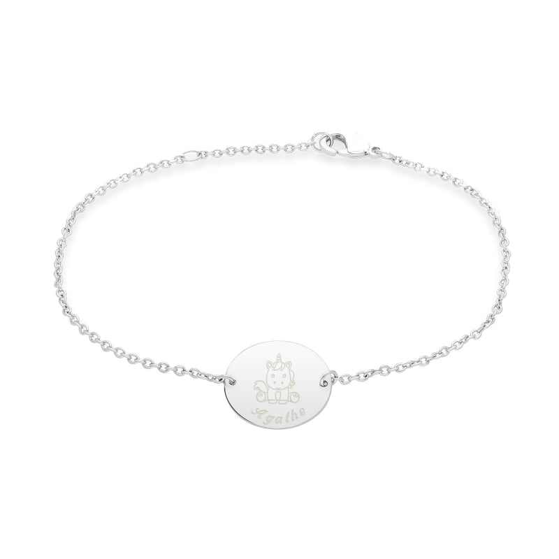 Bracelet personnalisé argent pour enfant avec une illustration licorne.
