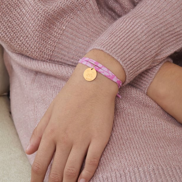 Bracelet cordon liberty personnalisé pour enfant avec illustrations animaux : chien, chat, éléphant, licorne.