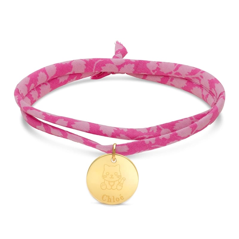 Bracelet liberty personnalisé pour enfant avec médaille plaqué or et illustration chat.