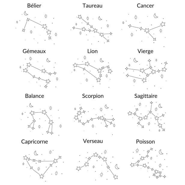 Signes astrologiques : bélier, taureau, cancer, gémeaux, lion, vierge, balance, scorpion , sagittaire, capricorne, verseau