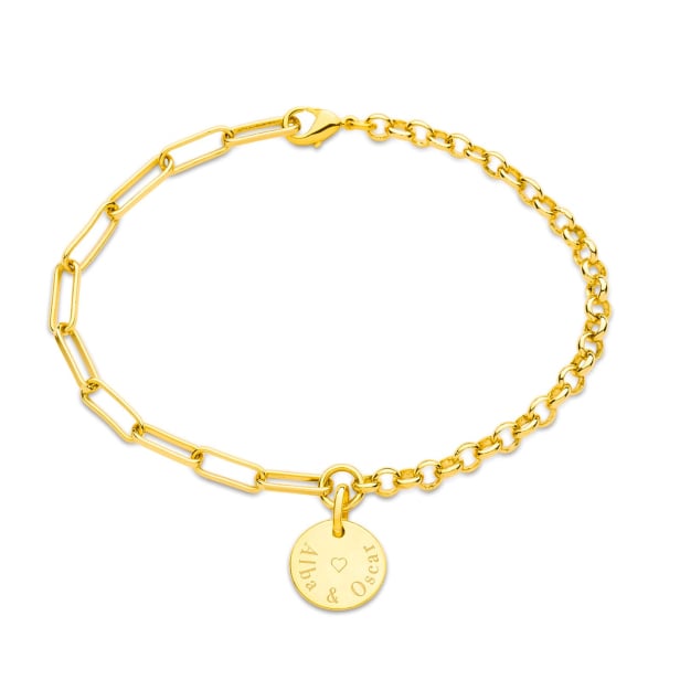 Bracelet gravé médaille martelée et chaine dépareillée plaqué or