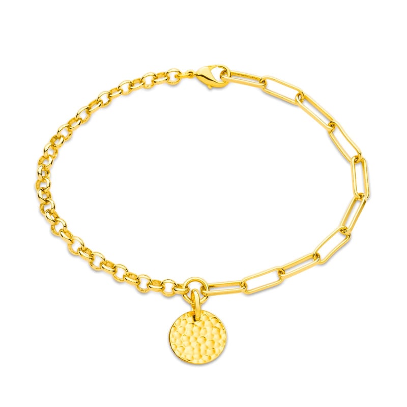 Bracelet gravé médaille martelée et chaine dépareillée plaqué or