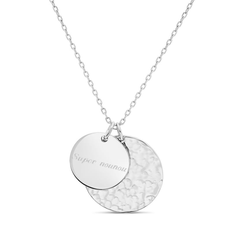 Collier personnalisé médaille martelée 20 mm et médaille gravée 15 mm en Argent