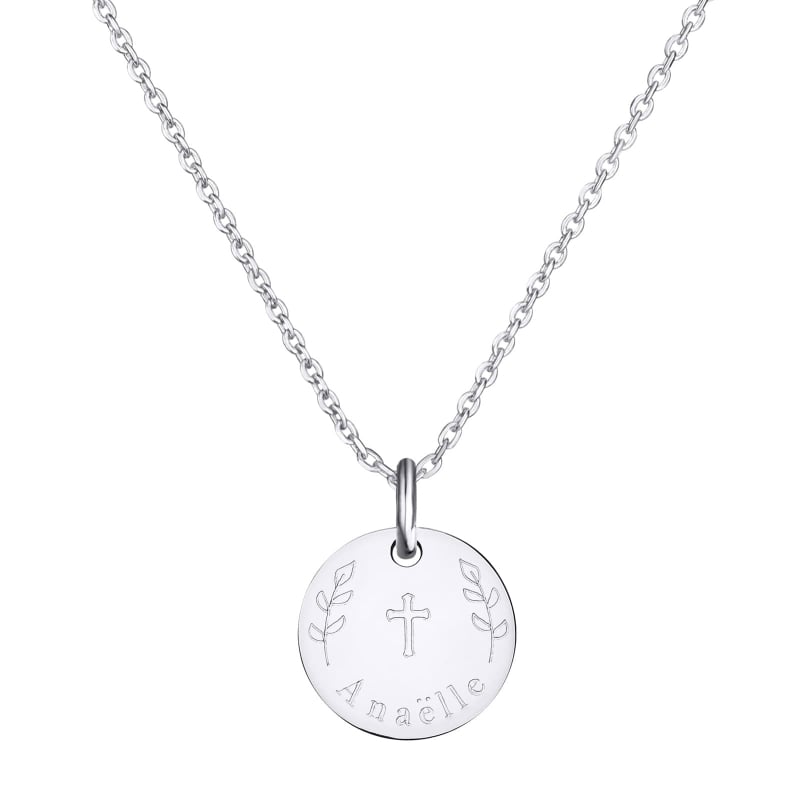 Collier personnalisé baptême, dessin "Croix & Rameaux", argent