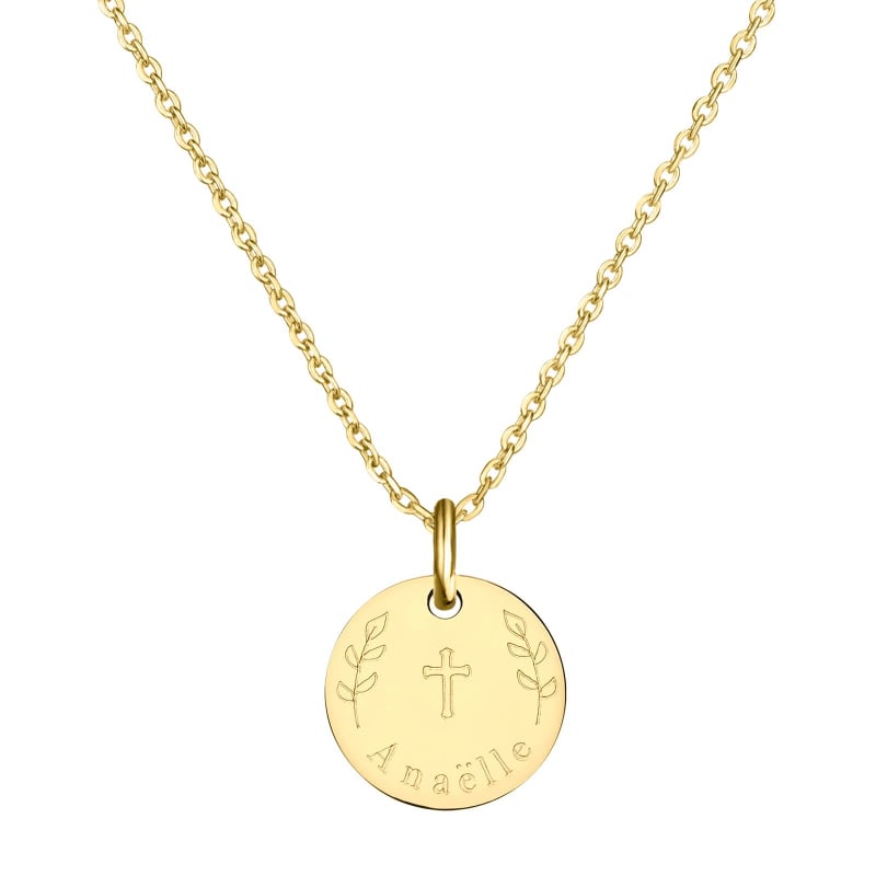 Collier personnalisé baptême, dessin "Croix & Rameaux", plaqué or