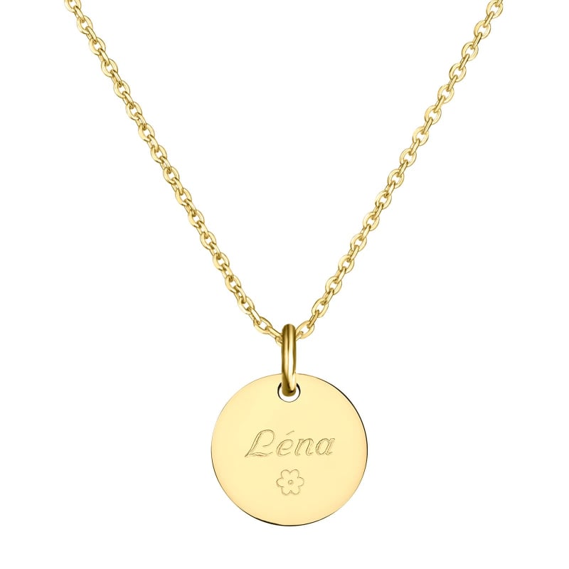 Collier personnalisé enfant prénom gravé avec fleur, plaqué or