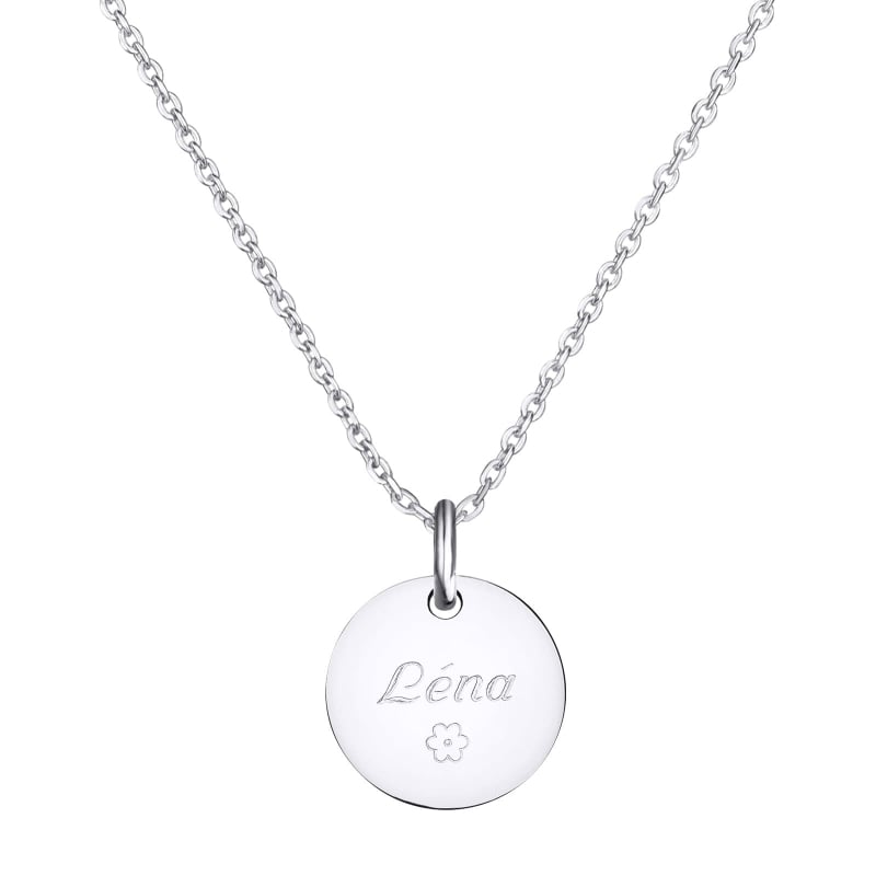 Collier personnalisé enfant prénom gravé avec fleur, argent