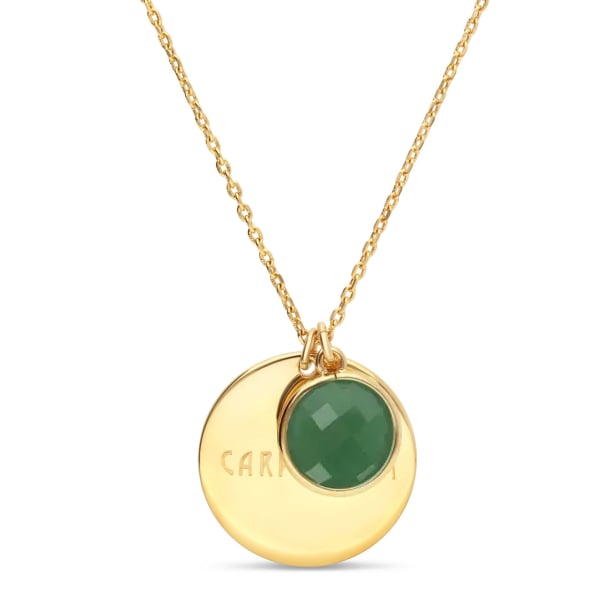 Packshot du collier personnalisé médaille Plaqué Or et pierre vert émeraude Packshot du collier personnalisé médaille Plaqué Or et pierre vert émeraude