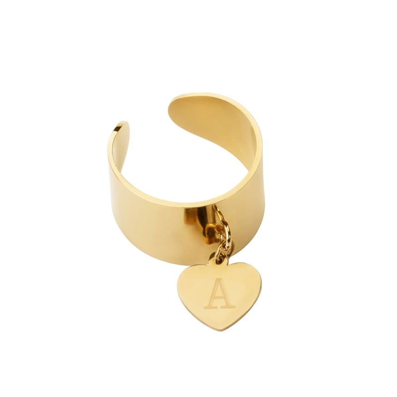 Bague ajustable avec charm coeur gravé, acier inoxydable
