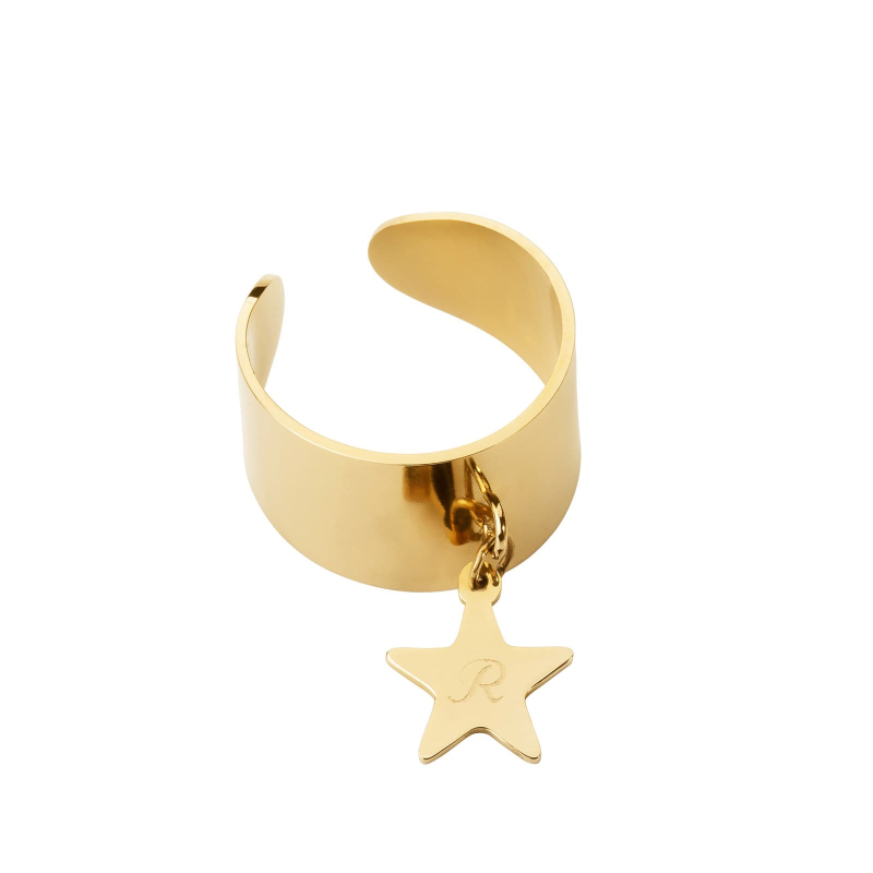 Bague ajustable avec charm étoile gravée, acier inoxydable